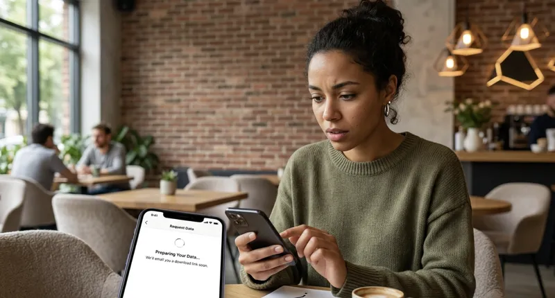 Woman holds phone, waiting for 'Request Data' screen to load in café.