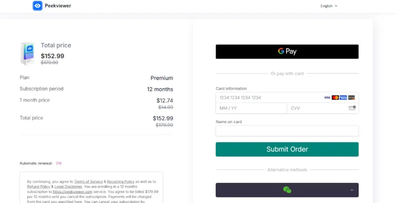 Entering your payment details to complete the subscription Entering your payment details to complete the subscription