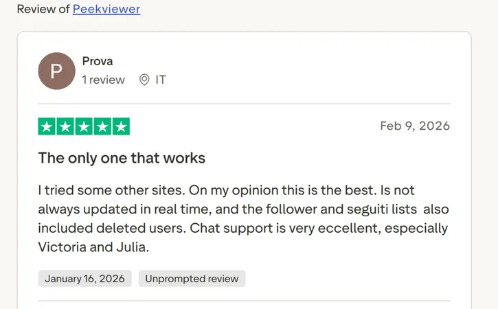 Screenshot of a positive Trustpilot review for Peekviewer Screenshot of a positive Trustpilot review for Peekviewer