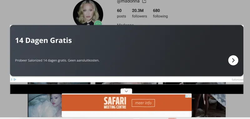 Screenshot of Madonna’s Instagram account on GramSnap, with multiple ads covering the content. Screenshot of Madonna’s Instagram account on GramSnap, with multiple ads covering the content.
