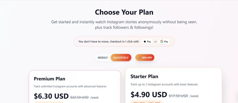 Pricing page showing different subscription plans to choose from.