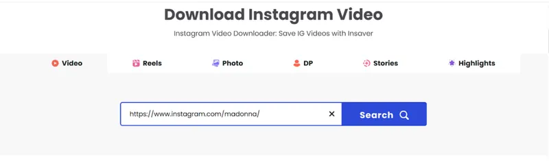 Screenshot showing the steps to use Insaver, with Madonna's Instagram link pasted as an example Screenshot showing the steps to use Insaver, with Madonna's Instagram link pasted as an example