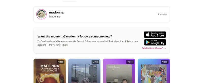 Madonna’s Instagram profile with 11 stories