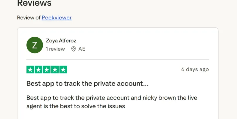 Screenshot of a positive Trustpilot review for Peekviewer Screenshot of a positive Trustpilot review for Peekviewer