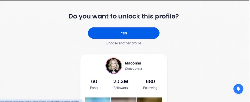 Screenshot showing Madonna’s Instagram account on Peekviewer, allowing you to confirm it is the correct profile. Screenshot showing Madonna’s Instagram account on Peekviewer, allowing you to confirm it is the correct profile.