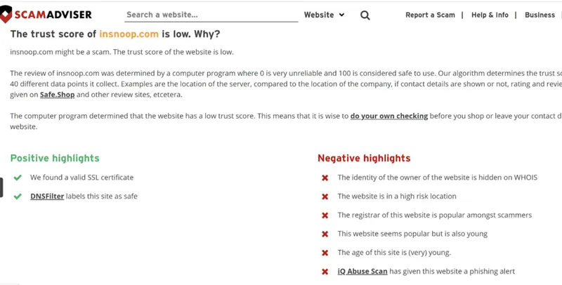 Screenshot showing the trust score of insnoop.com on ScamAdviser