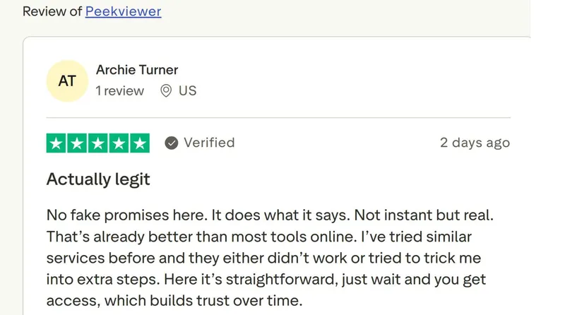 Screenshot of a positive Trustpilot review for Peekviewer Screenshot of a positive Trustpilot review for Peekviewer